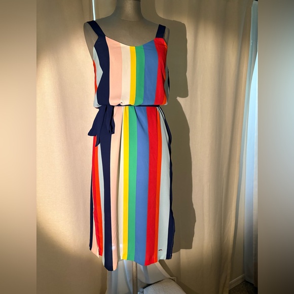 2/$30 Tommy Hilfiger Rainbow Stripe Belted Tank Sheath Midi  Dress Preppy XS - Picture 1 of 9